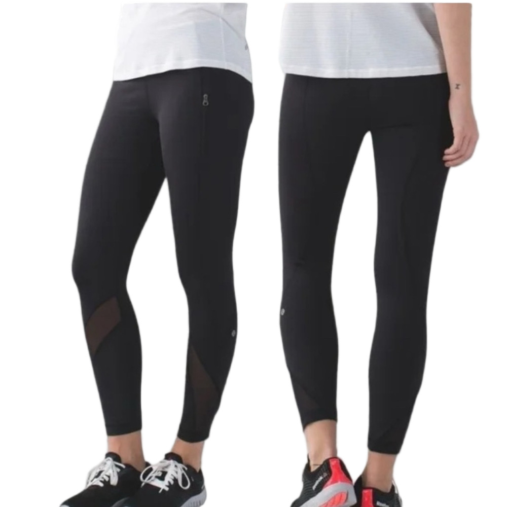 Lululemon Size 4 Invigorate Black Zip Pocket‎ Mesh panel Tights 25”Leggings